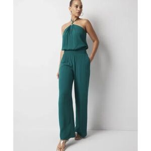 White House Black Market Halter Crinkle Jumpsuit Tropical Teal Nwt Size Large